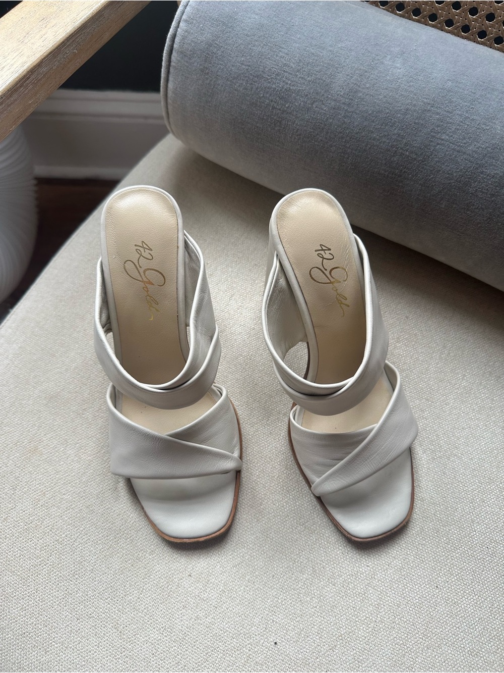 42 GOLD Cream Twisted Strap Mule Heels
